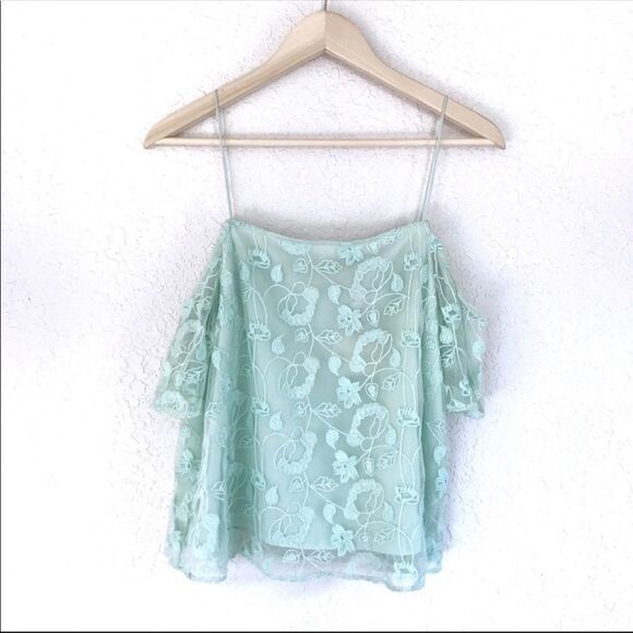 HINGE Lace Mesh Cold Shoulder Tank Top Spaghetti‎ Strap Mint Green Medium New - Picture 2 of 7